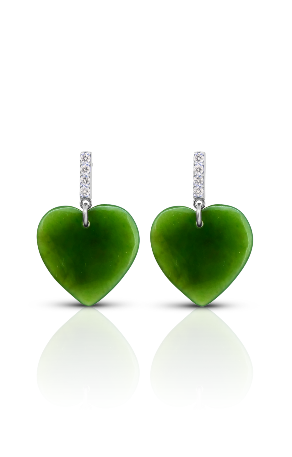 Heart-shaped pounamu earrings with silver diamond post